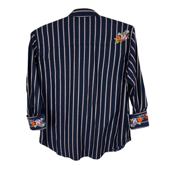 Robert Graham Flip Cuff Floral Embroidered Blue Striped Button Shirt XL cotton - Picture 2 of 11